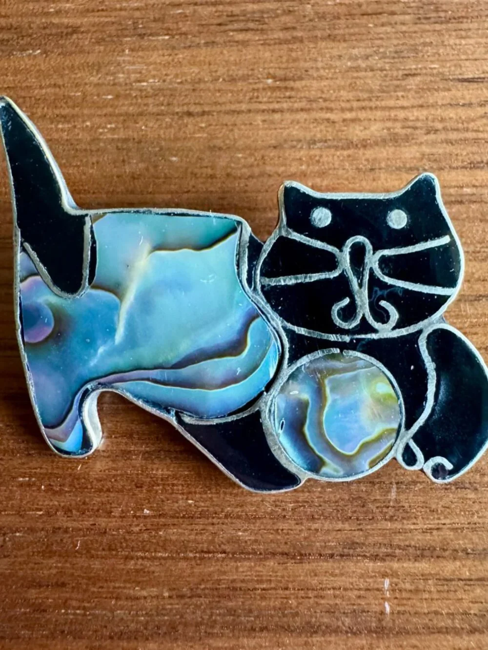 Vintage ALPACA MEXICO Silver Cat Brooch Pin with Black Enamel and Abalone Inlay